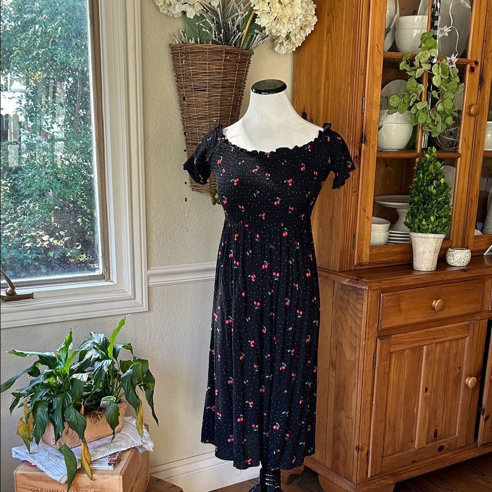 Lulu's Black Poka Dot Midi Dress with Red Cherry Accents Women’s Small